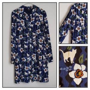 TOPSHOP  Dress Cats Flowers Blue White Sz 10 Long Sleeve EUC.
